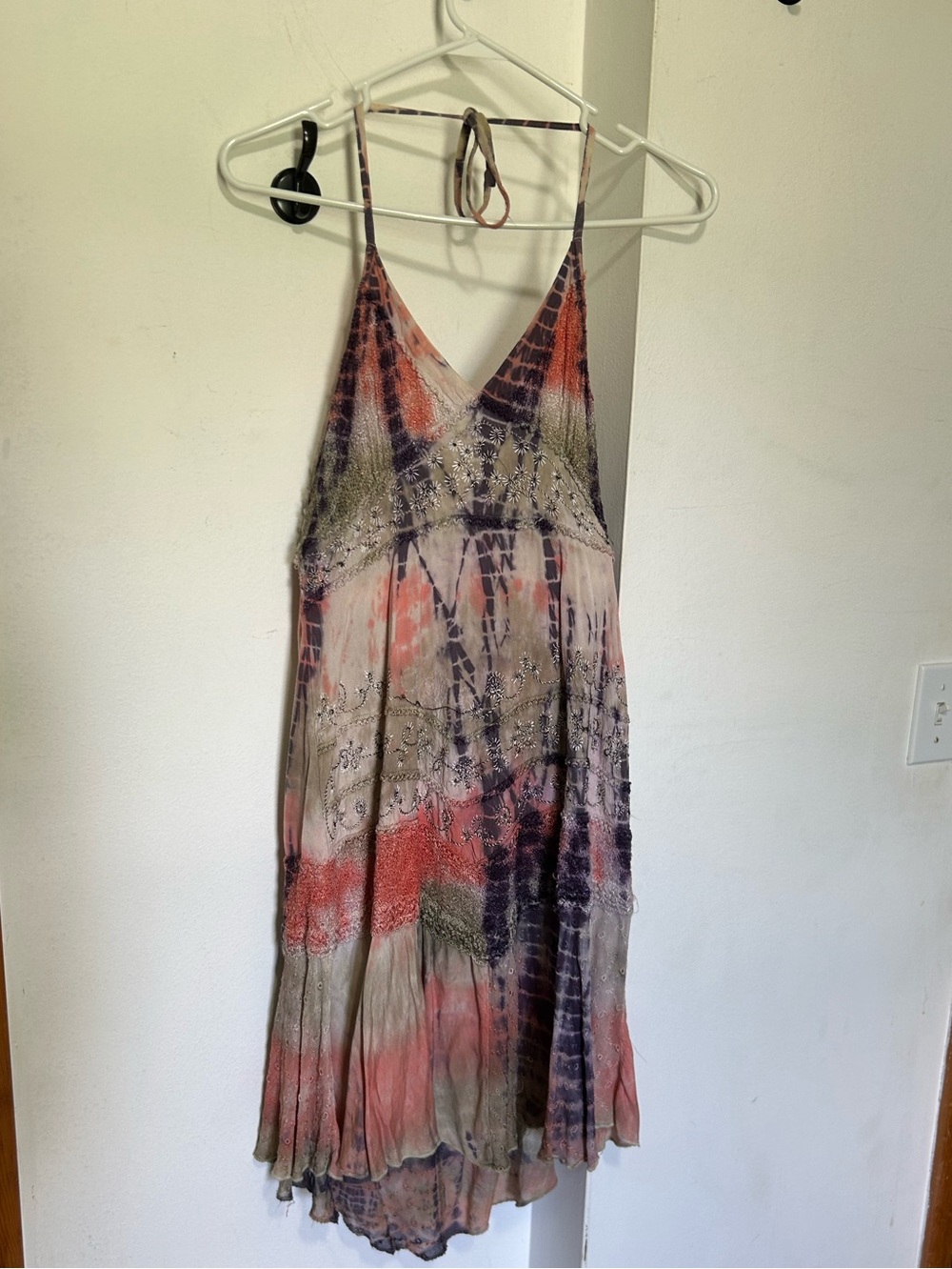 High-Low Tie-Dye V-Neck Summer Dress in Coral & Olive